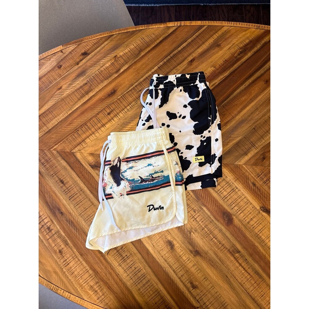 Duvin Swim Trunks w Liner Bundle Men’s Large Cow Print & Orca Whale 3-4’ inseam